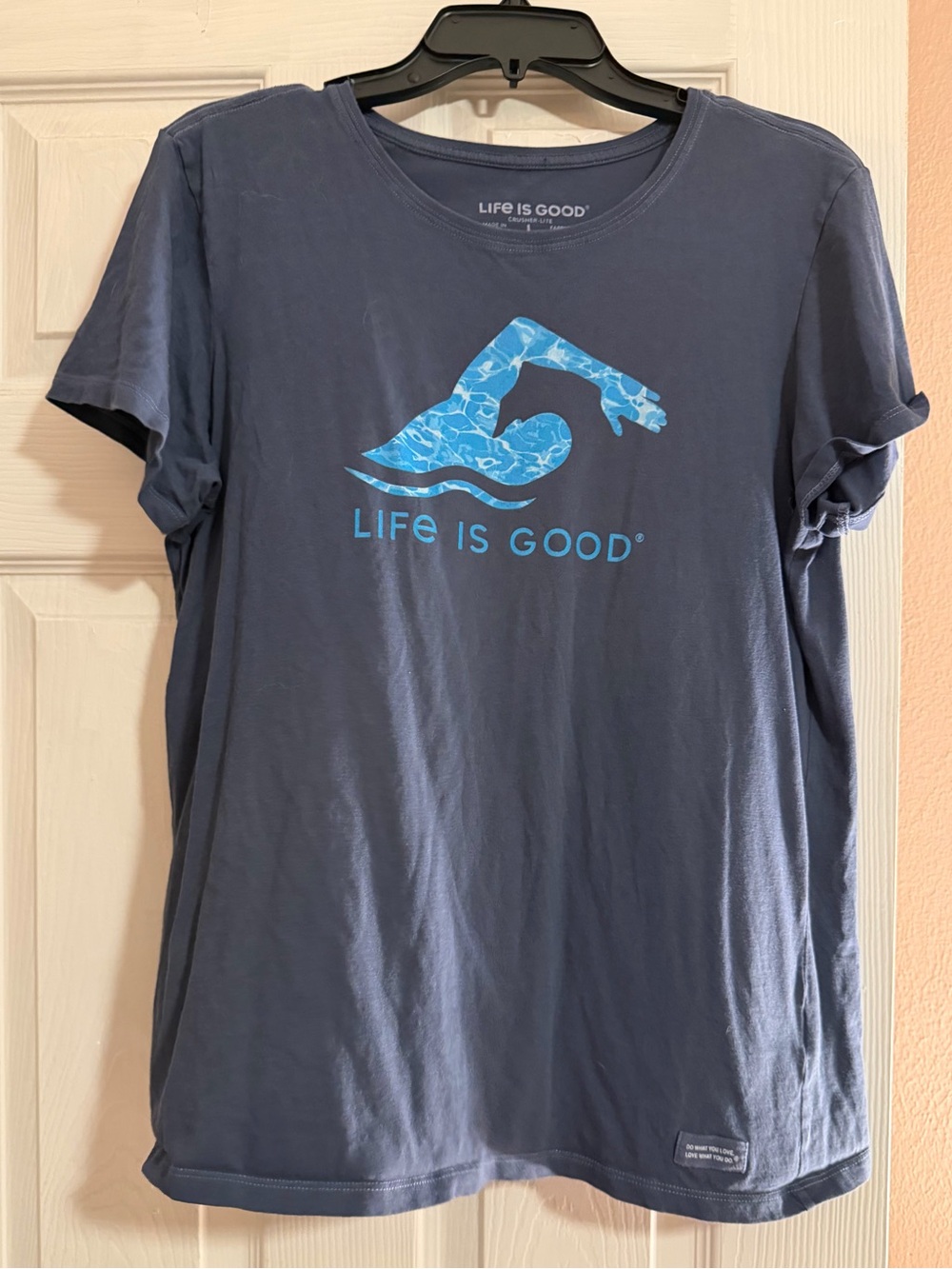Life Is Good Navy Swim Graphic Tee with Light Blue Logo